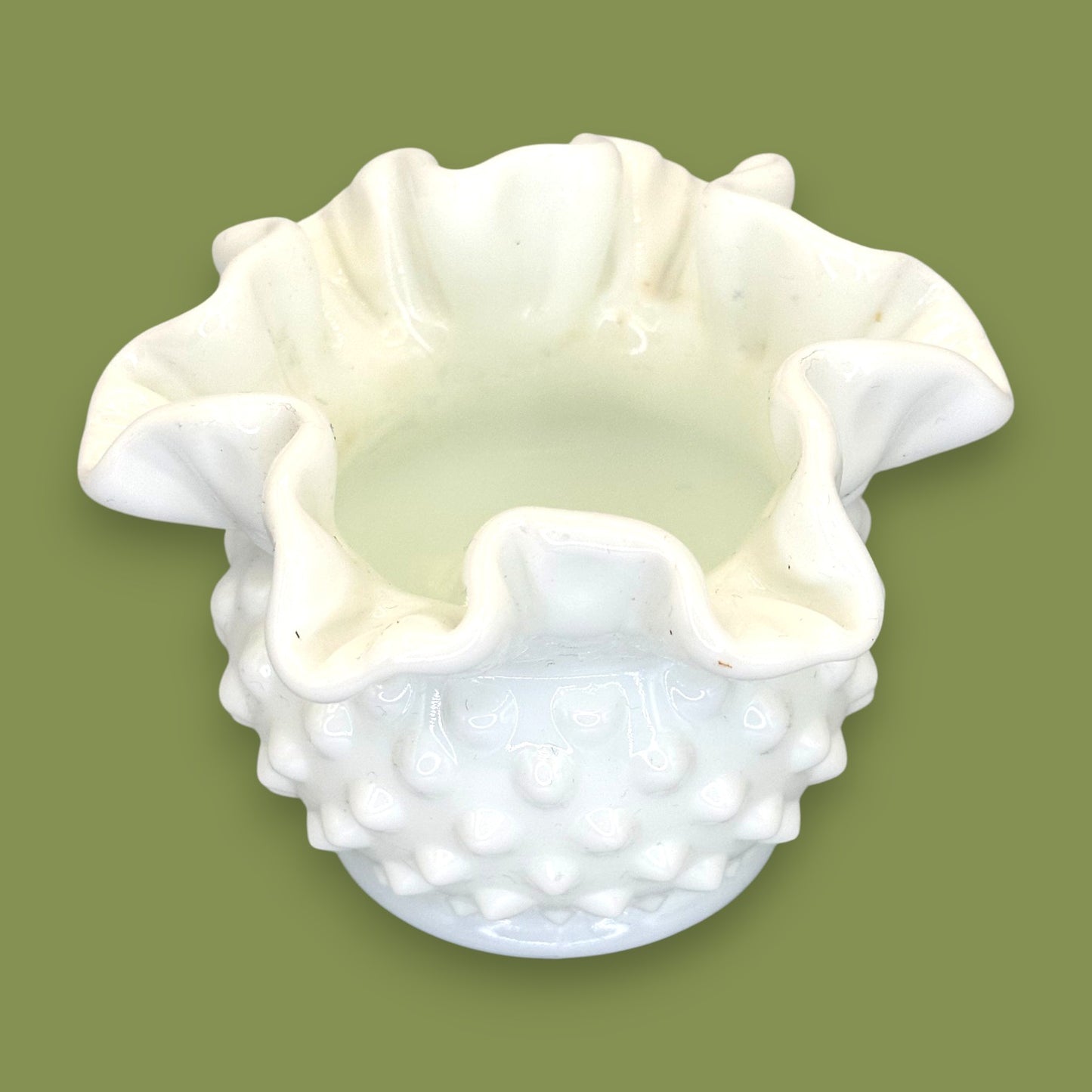 Vintage Fenton White Milk Glass Hobnail Ruffled Vase