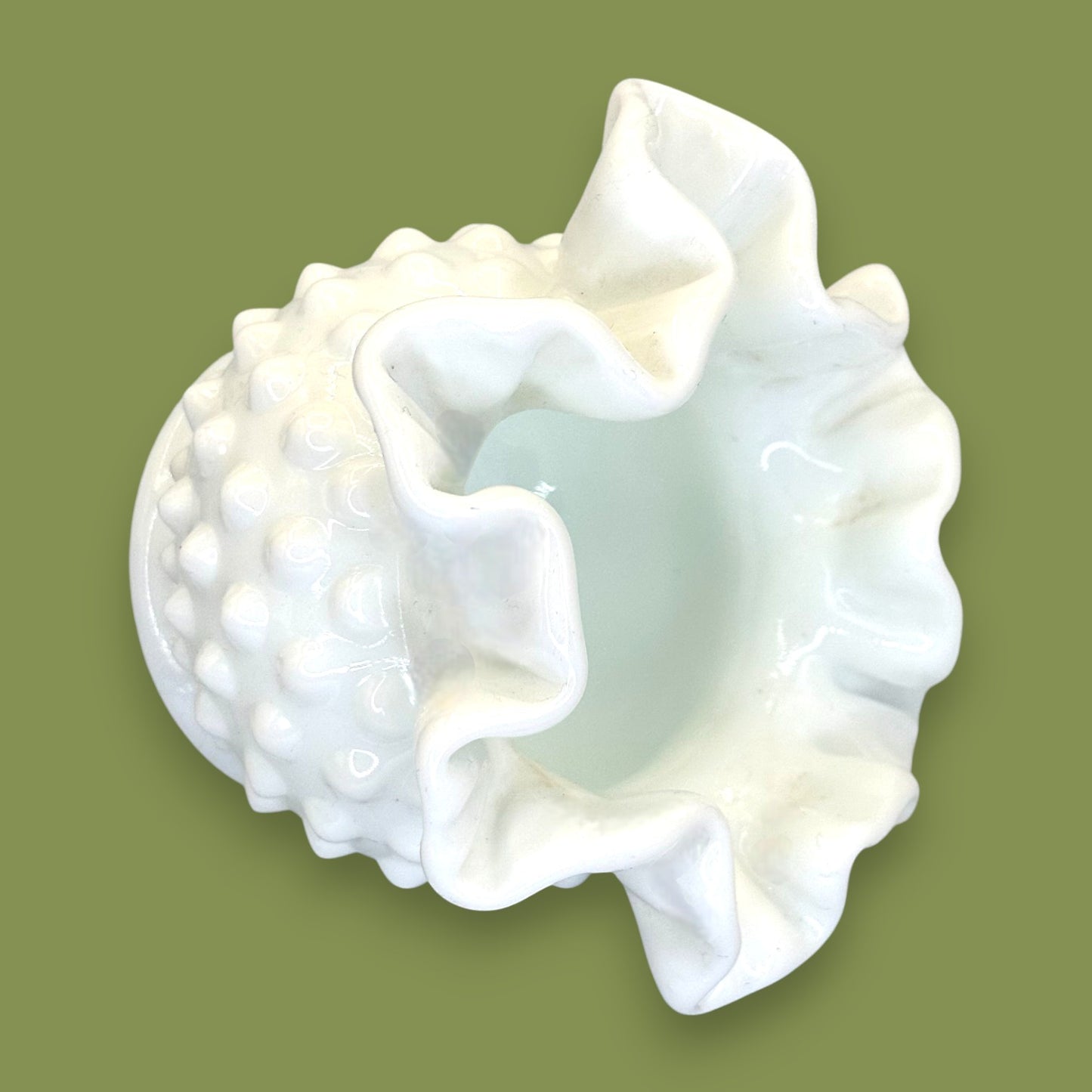 Vintage Fenton White Milk Glass Hobnail Ruffled Vase