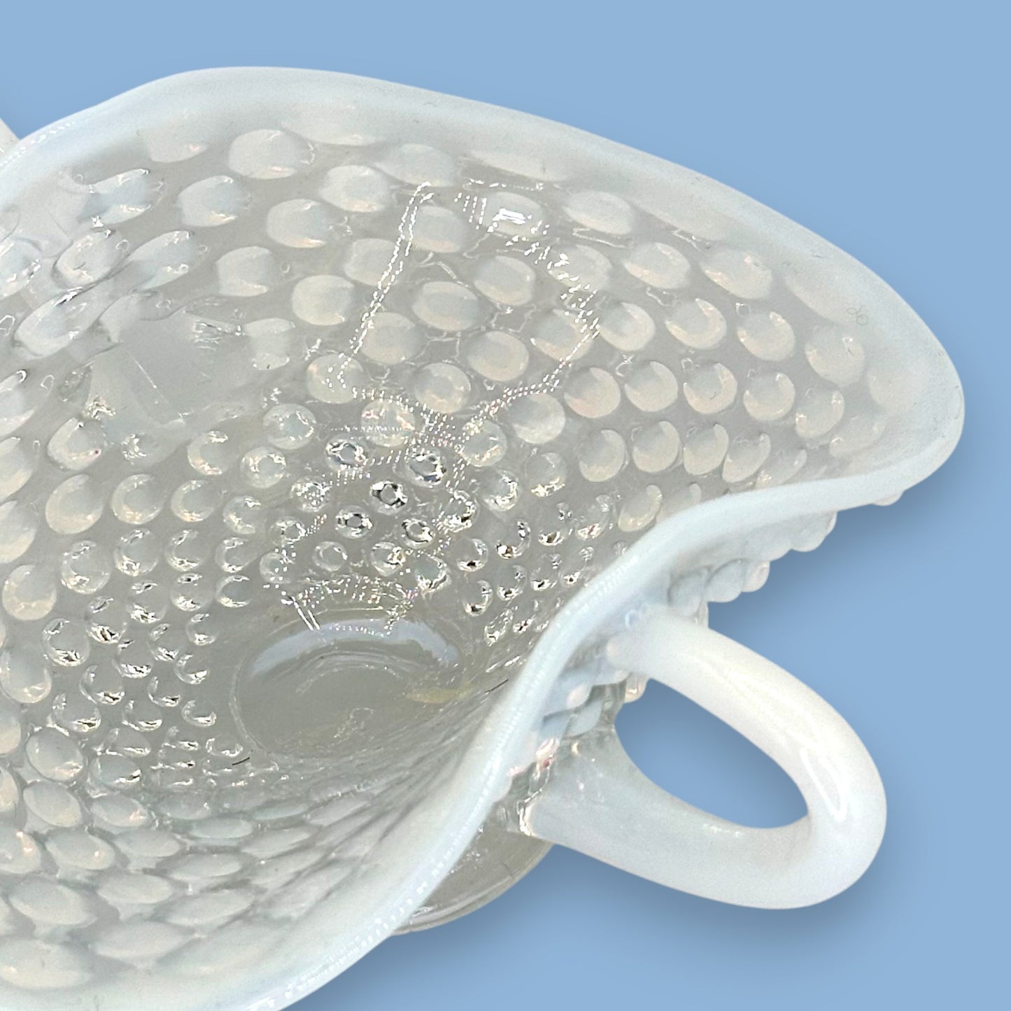 Vintage Fenton Opalescent Moonstone Hobnail Glass Basket – 1970s
