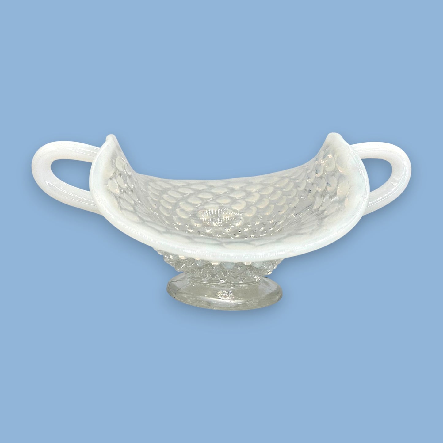 Vintage Fenton Opalescent Moonstone Hobnail Glass Basket – 1970s