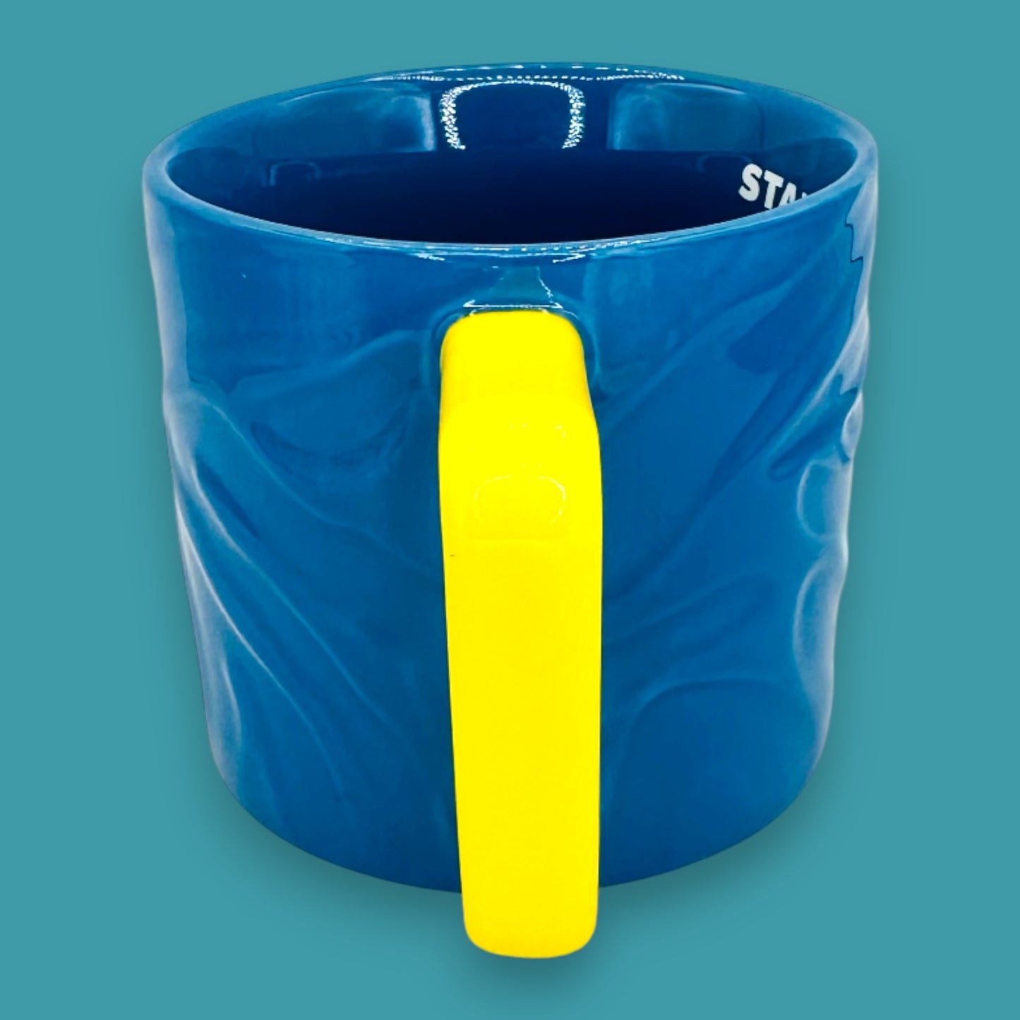 Starbucks Summer Blue Textured Ceramic Mug 12oz Yellow Handle Replacement Mug