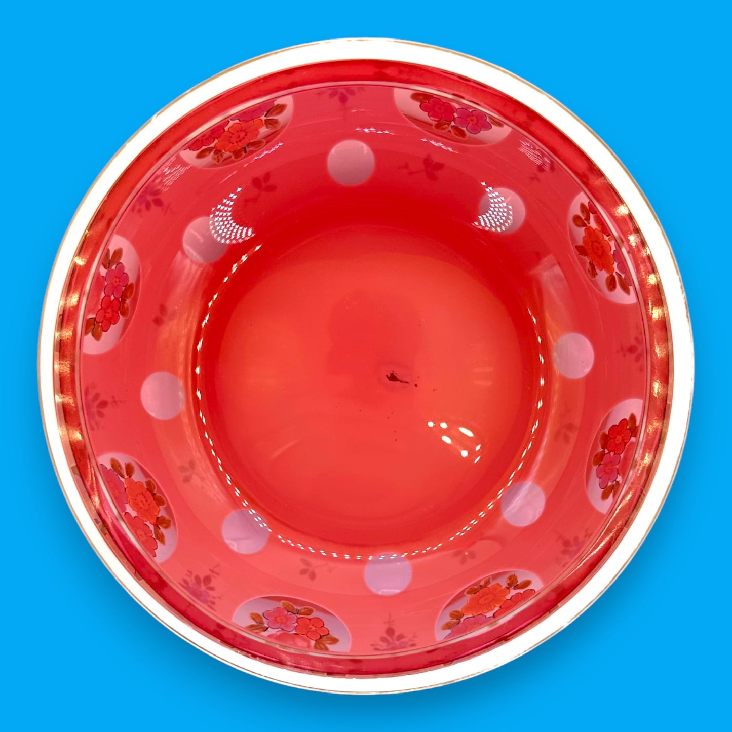 Moser Red and White Cut to Clear Bohemian Glass Bowl 6 Inch