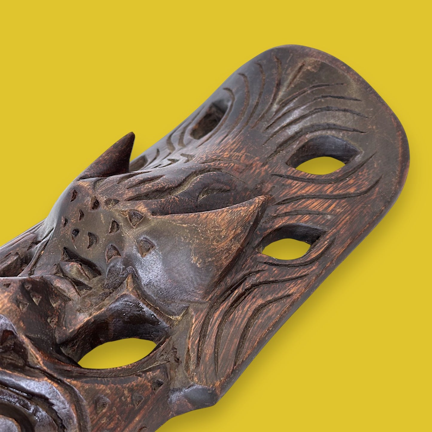 Vintage Indonesian Wooden Barong Mask: Dark Hand-Carved Bali Wall Art - TIKI Mask