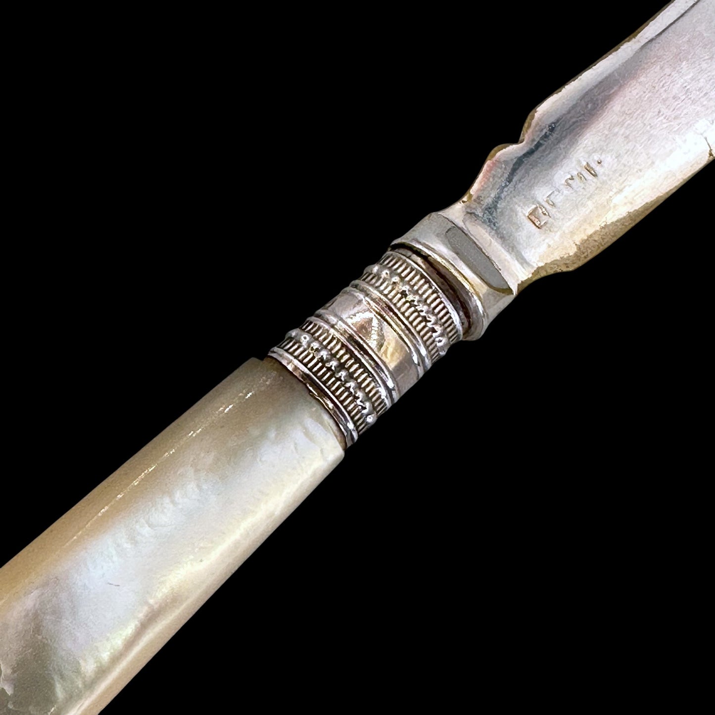 Victorian Mother of Pearl & Silverplate Butter Spreader Knife: Engraved Blade