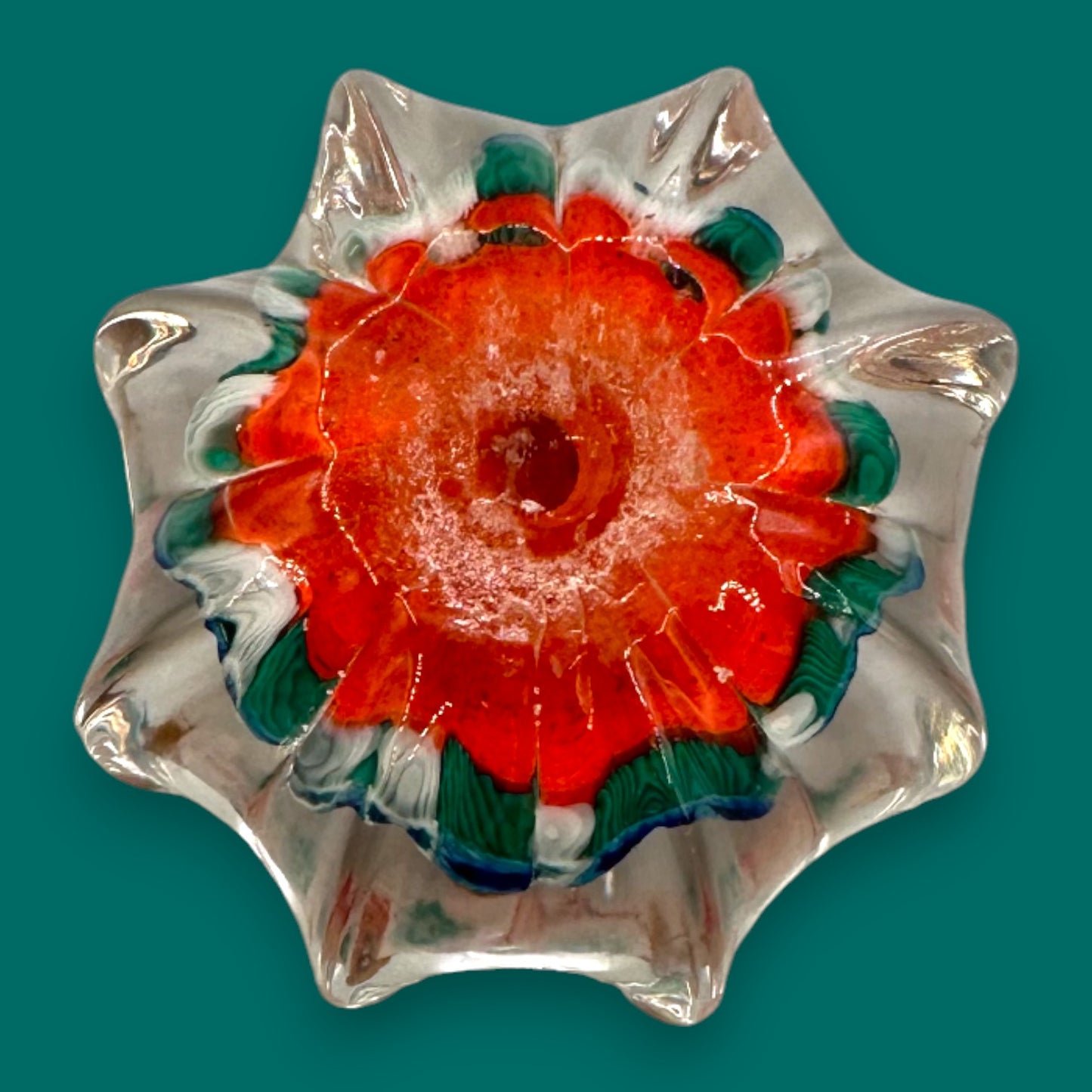 Vintage Murano Millefiori Star Paperweight - Green & Red Star