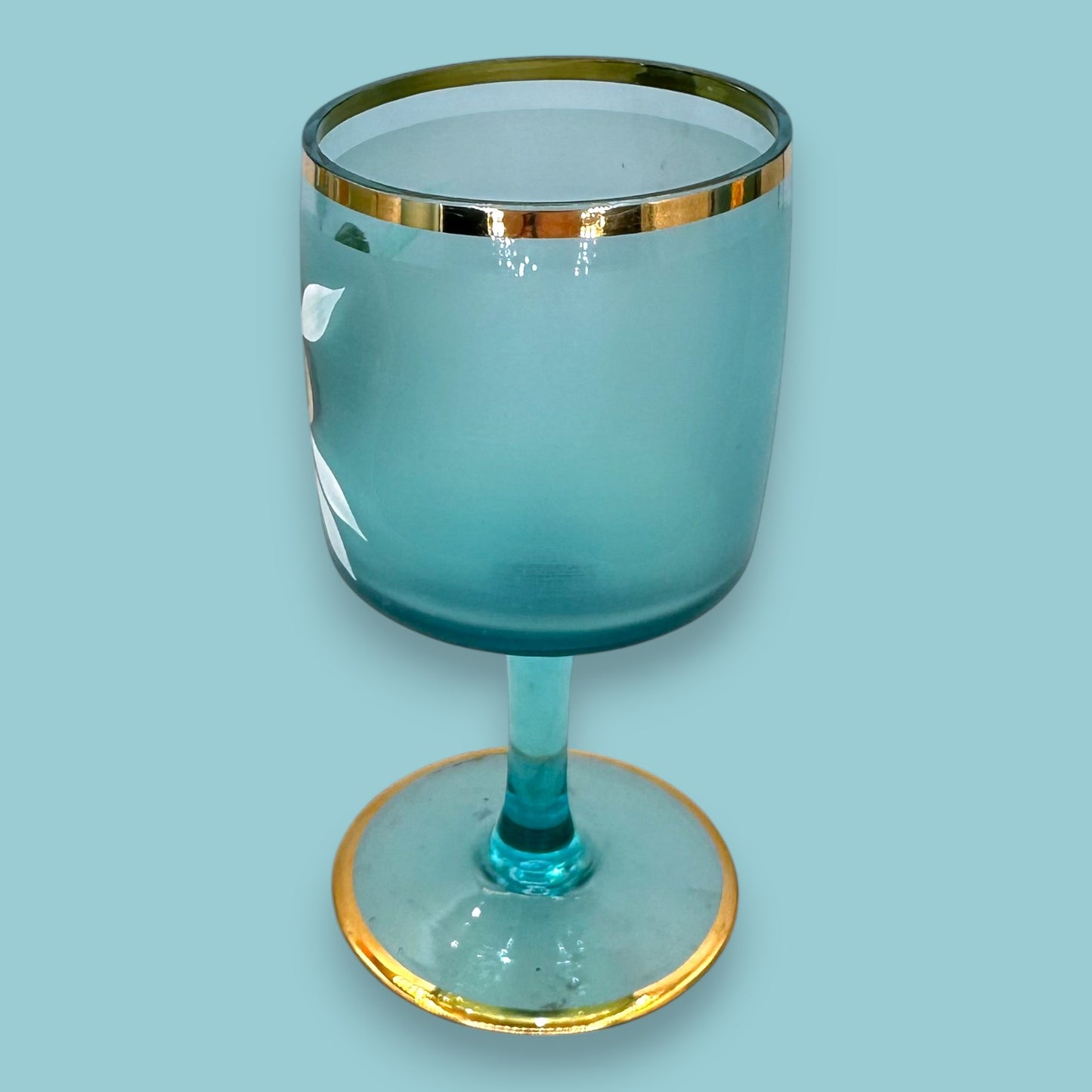 Vintage Blue Baccarat Style Decanter & Stemware Set - Floral Gold