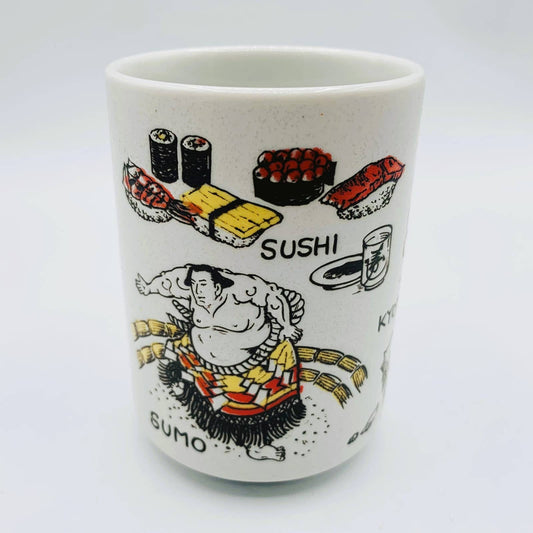 MUG: Japanese Tea Mug / Styized images of Japan, Temples, Sumo Wrestlers and Geisha's