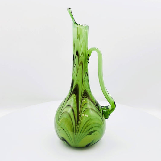 Swirl Green Altaglass Hand Made Glass Pitcher / Mid-Century