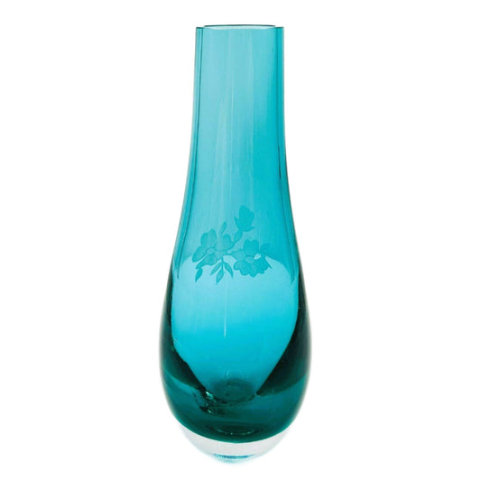 Peackock Blue Mid-Century Glass Vase - With Etched Flowers
