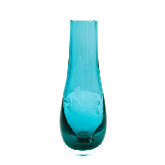 Peackock Blue Mid-Century Glass Vase - With Etched Flowers