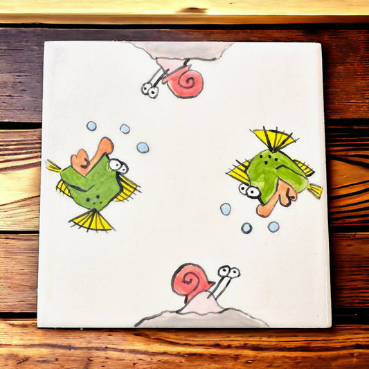 Fish & Snail Cartoon - Hand Painted Ceramic Coasters 4.5"