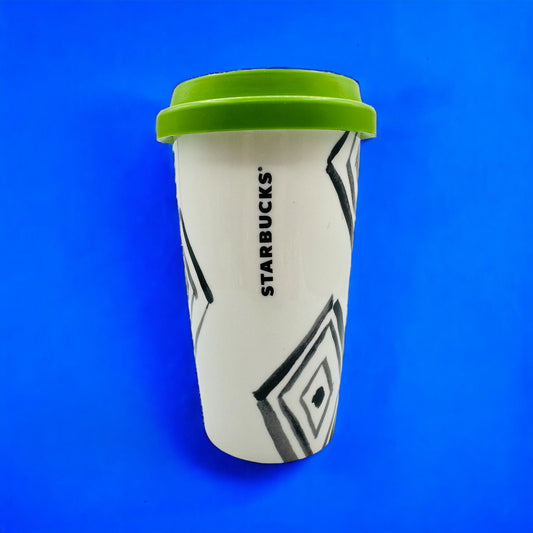 Starbucks 2014 Green Dot Diamond Ceramic Tumbler Coffee Mug 10 oz. w/Lid