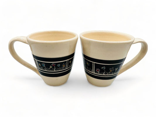 Beige Mug with Black Inverted Flower Design - Handmade Pottery Mug