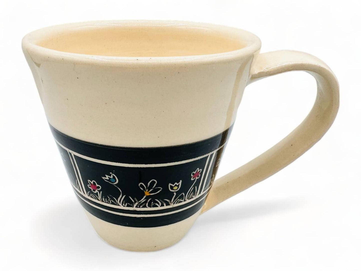 Beige Mug with Black Inverted Flower Design - Handmade Pottery Mug