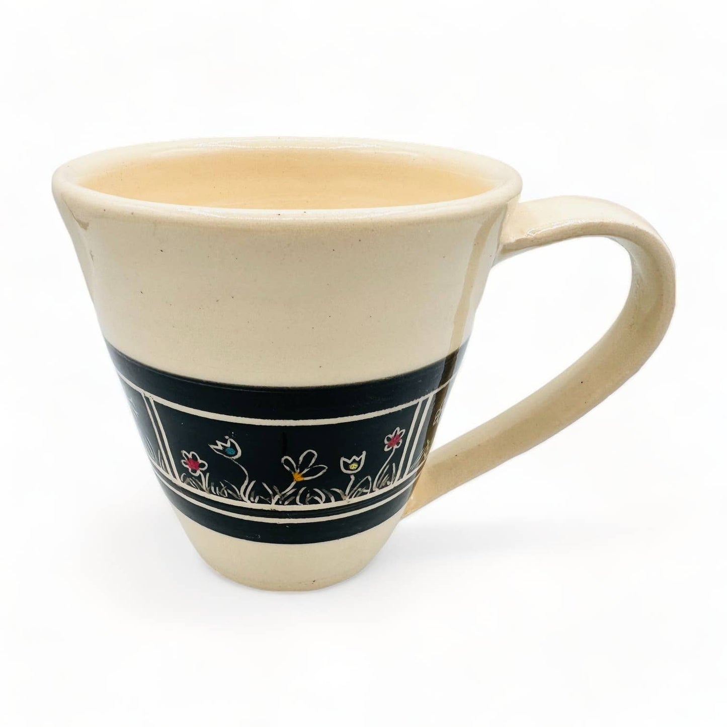 Beige Mug with Black Inverted Flower Design - Handmade Pottery Mug