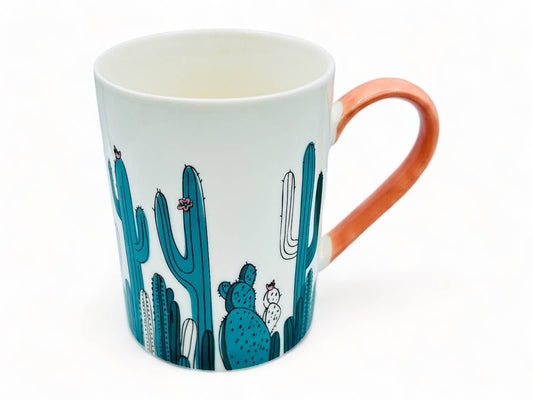White Bone Chine Mug with Green Cacti / Cactus and Pink Handle -