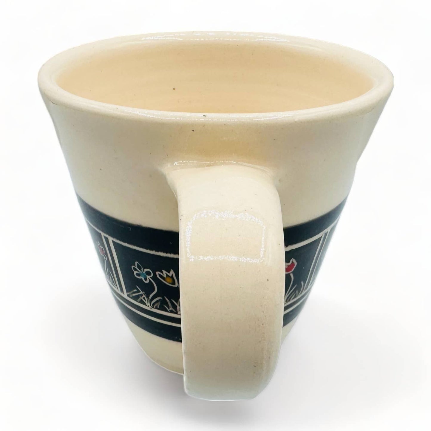 Beige Mug with Black Inverted Flower Design - Handmade Pottery Mug