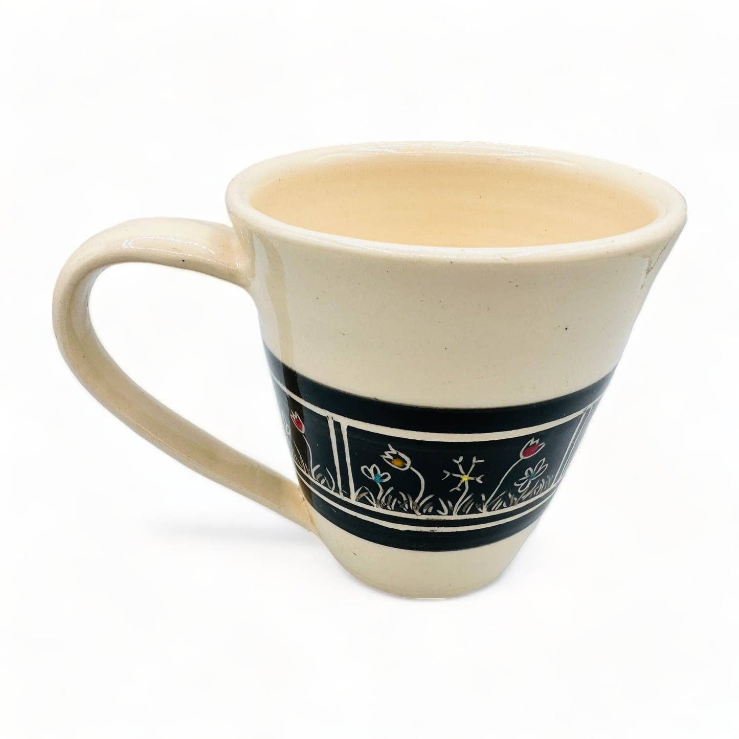 Beige Mug with Black Inverted Flower Design - Handmade Pottery Mug