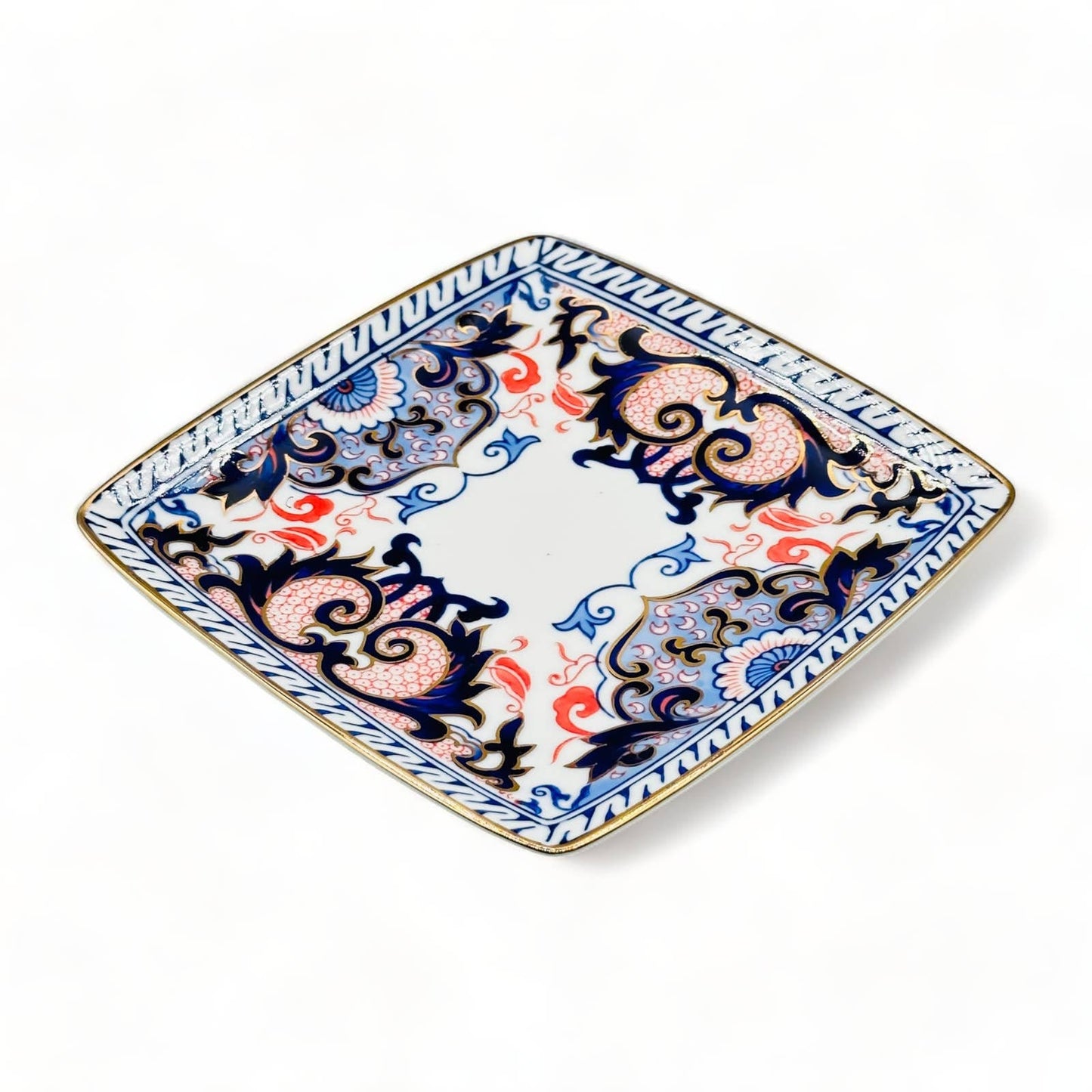 Blue Chinoiserie with Red Accent Gold Rimmed Plate - 7.25" Square