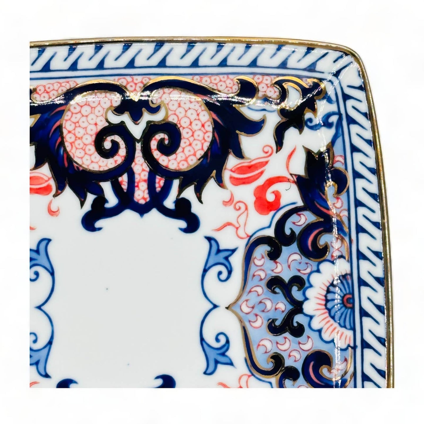 Blue Chinoiserie with Red Accent Gold Rimmed Plate - 7.25" Square