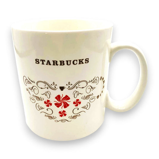Vintage Starbucks Coffee Mug (2009) Red Pinwheel with Brown "Peppermint Squiggles" Festive Oversized