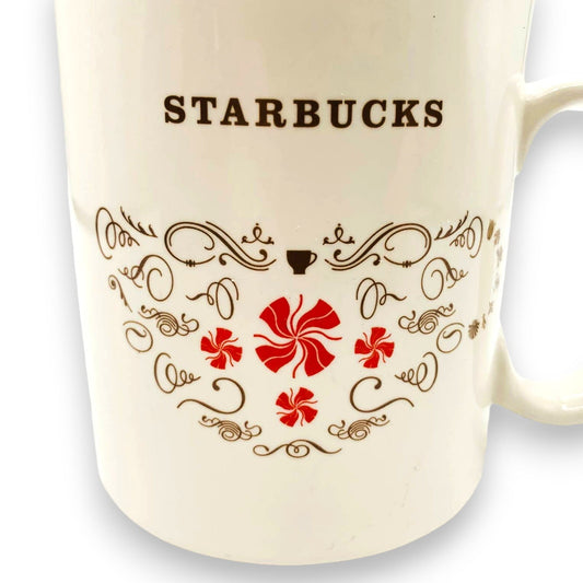 Vintage Starbucks Coffee Mug (2009) Red Pinwheel with Brown "Peppermint Squiggles" Festive Oversized