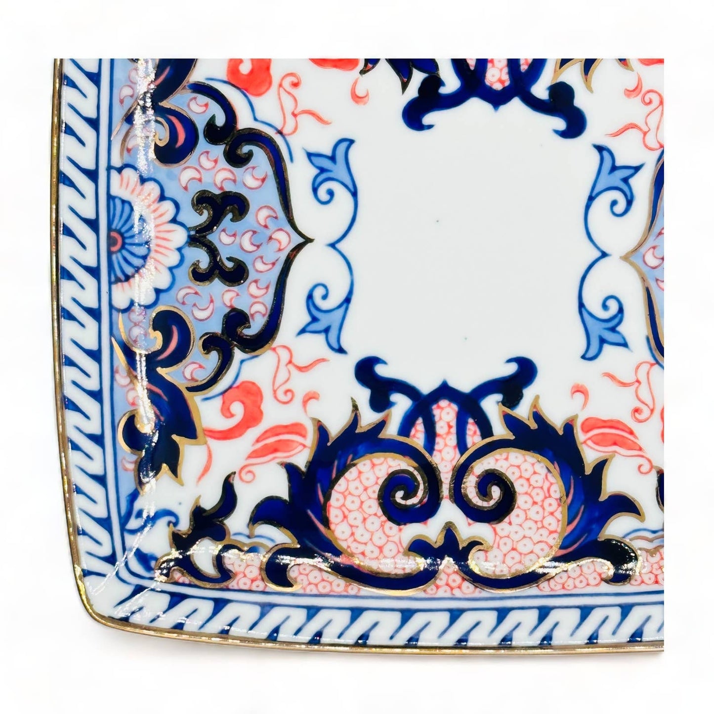 Blue Chinoiserie with Red Accent Gold Rimmed Plate - 7.25" Square