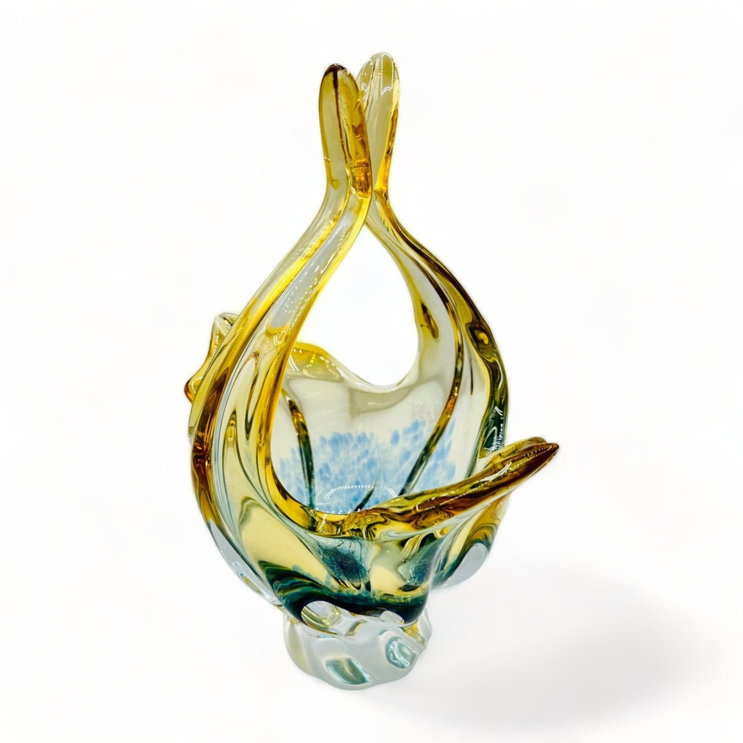 Exquisite MCM 1960s Art Glass Bohemian Basket Bowl by Egermann Glass Czechoslovakia, showcasing vibrant blue and yellow hues.
