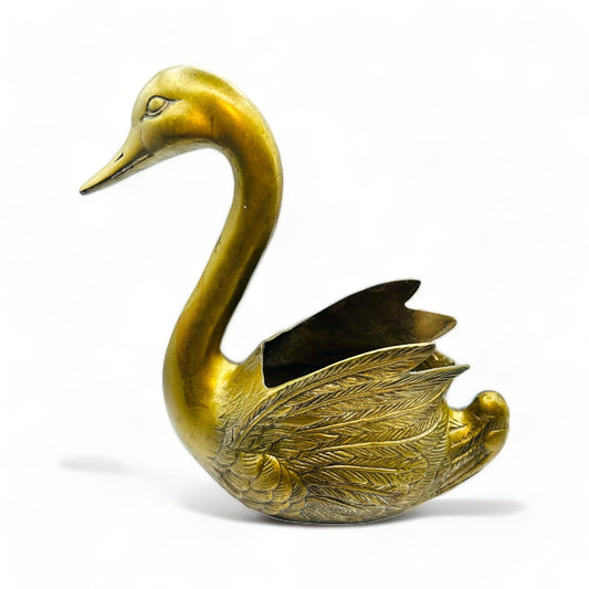Vintage Brass Swan Planter Statue - High Detail Feathers