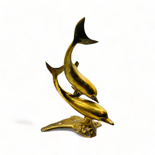 Vintage Brass Swimming Dolphins Statue - Large 16"