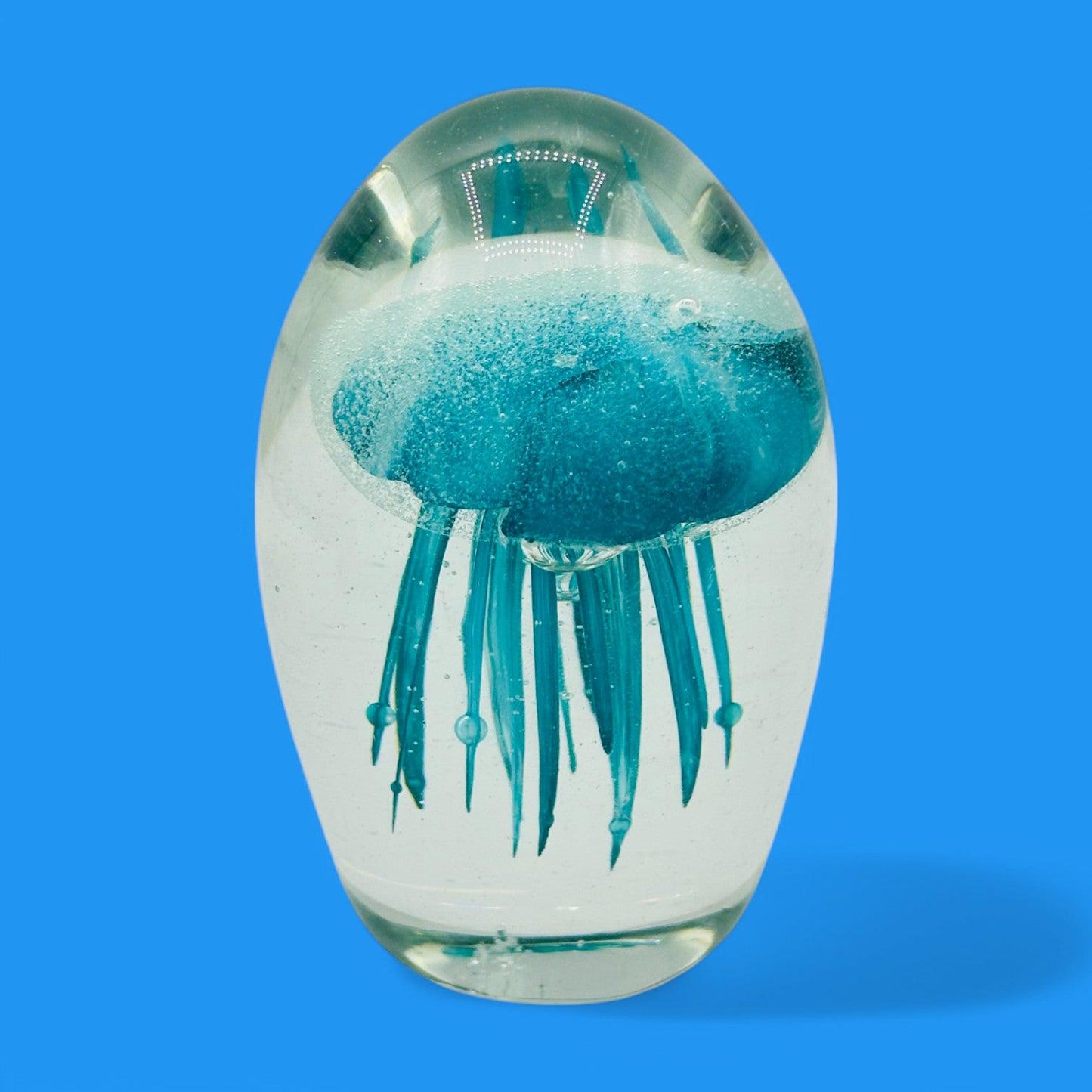 Teal Jellyfish Glass Paperweight - Vintage Charm - Glows in the Dark
