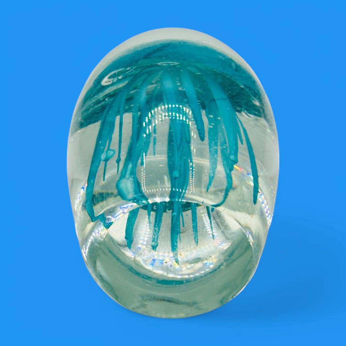 Teal Jellyfish Glass Paperweight - Vintage Charm - Glows in the Dark