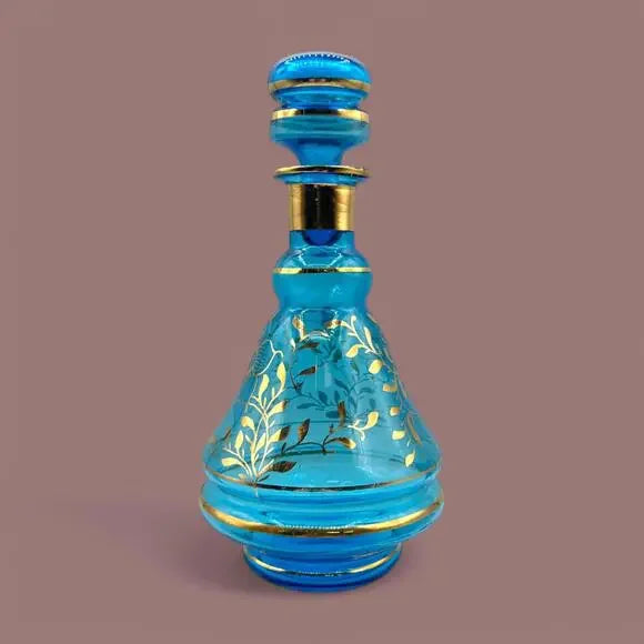 Vintage Blue Baccarat Style Decanter with Gold Filigree Design