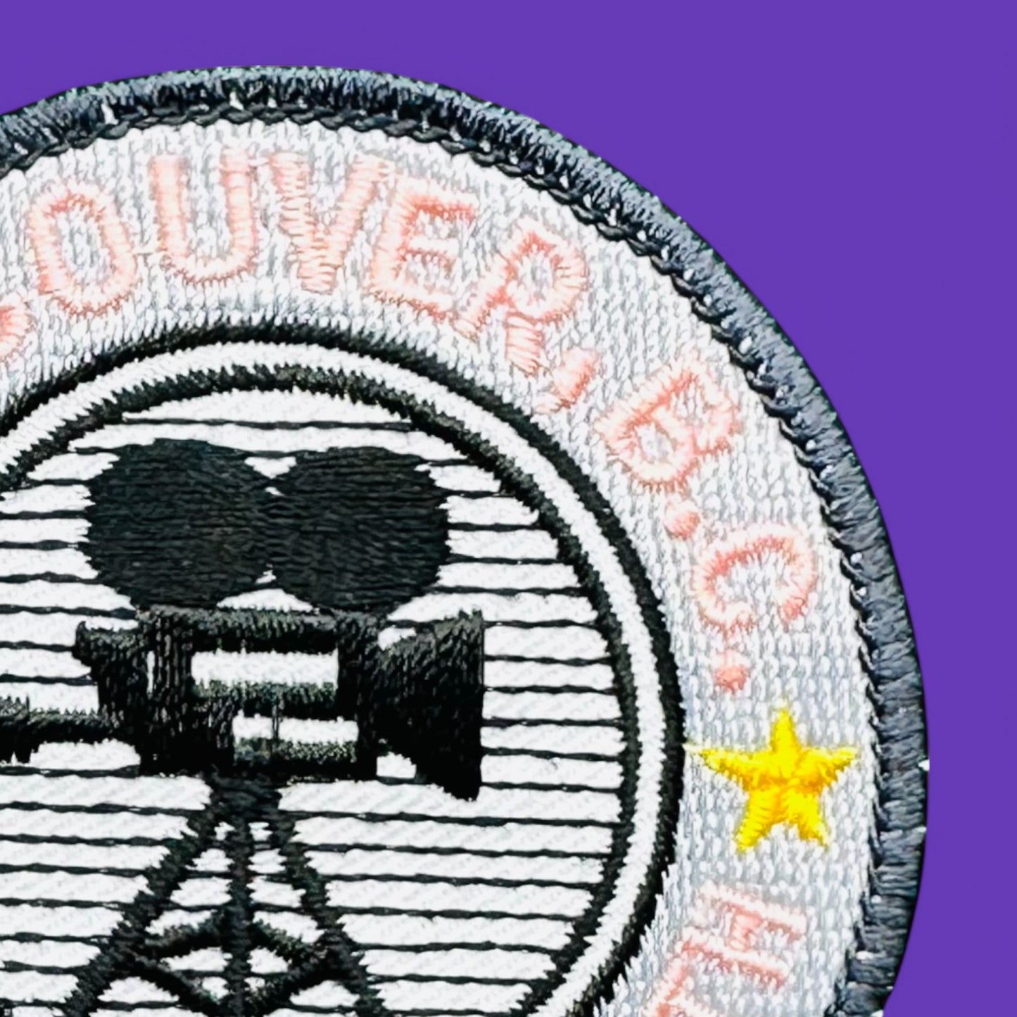 Vancouver BC, Hollywood North Embroidered Patch, 1980's with pink lettering and film camera silhouette on grey background.