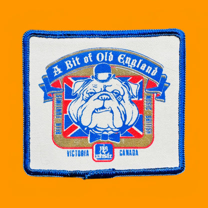 Bit of England Pub Embroidered patch, Victoria BC, New Old Stock, NOS, featuring a bulldog design, 3.75" x 3".