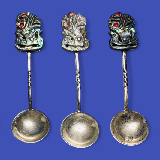 Vintage New Zealand Māori Silver & Mother of Pearl Spoons – Tribal Carving Detail