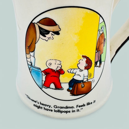 Vintage Family Circus Mug featuring cartoon characters and a playful quote about grandma and lollipops.
