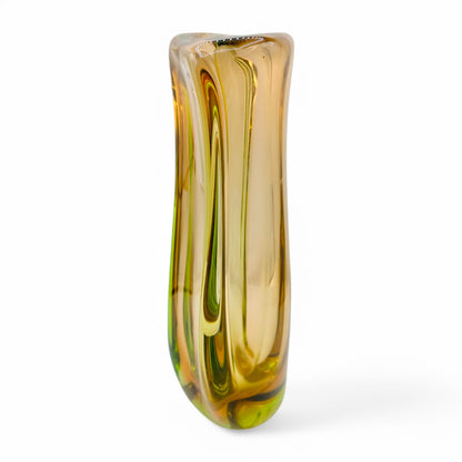 1960s Czech Bohemian Art Glass Vase handmade by Jaroslav Beranek Skrdlovice Studio, featuring vibrant green and copper hues.