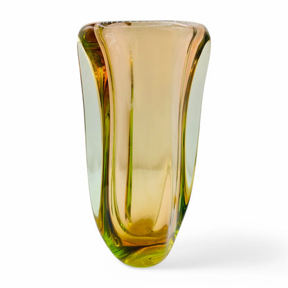 Vintage 1960s Czech Bohemian Art Glass Vase handmade by Jaroslav Beranek Skrdlovice Studio, glowing under blacklight.