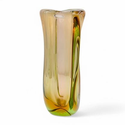 Vintage 1960s Czech Bohemian Art Glass Vase handmade by Jaroslav Beranek Skrdlovice Studio, showcasing green and copper hues.