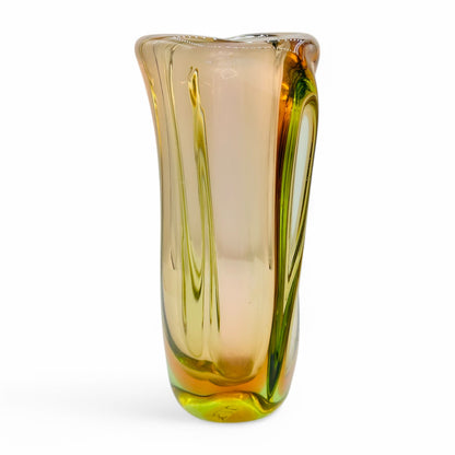 1960s Czech Bohemian Art Glass Vase handmade by Jaroslav Beranek Skrdlovice Studio in green and copper orange.