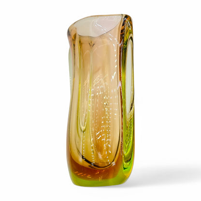 Vintage 1960s Czech Bohemian Art Glass Vase handmade by Jaroslav Beranek Skrdlovice Studio in green and copper orange.