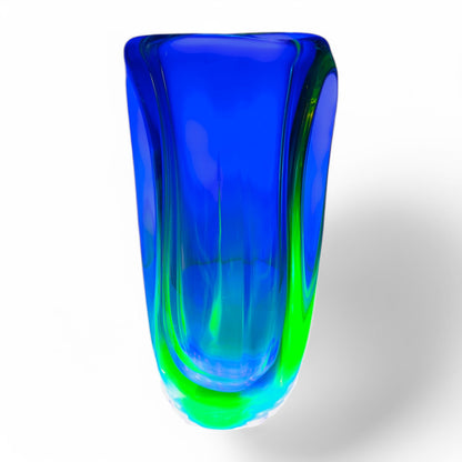 Vintage 1960s Czech Bohemian Art Glass Vase handmade by Jaroslav Beranek Skrdlovice Studio, vibrant green and blue hues.