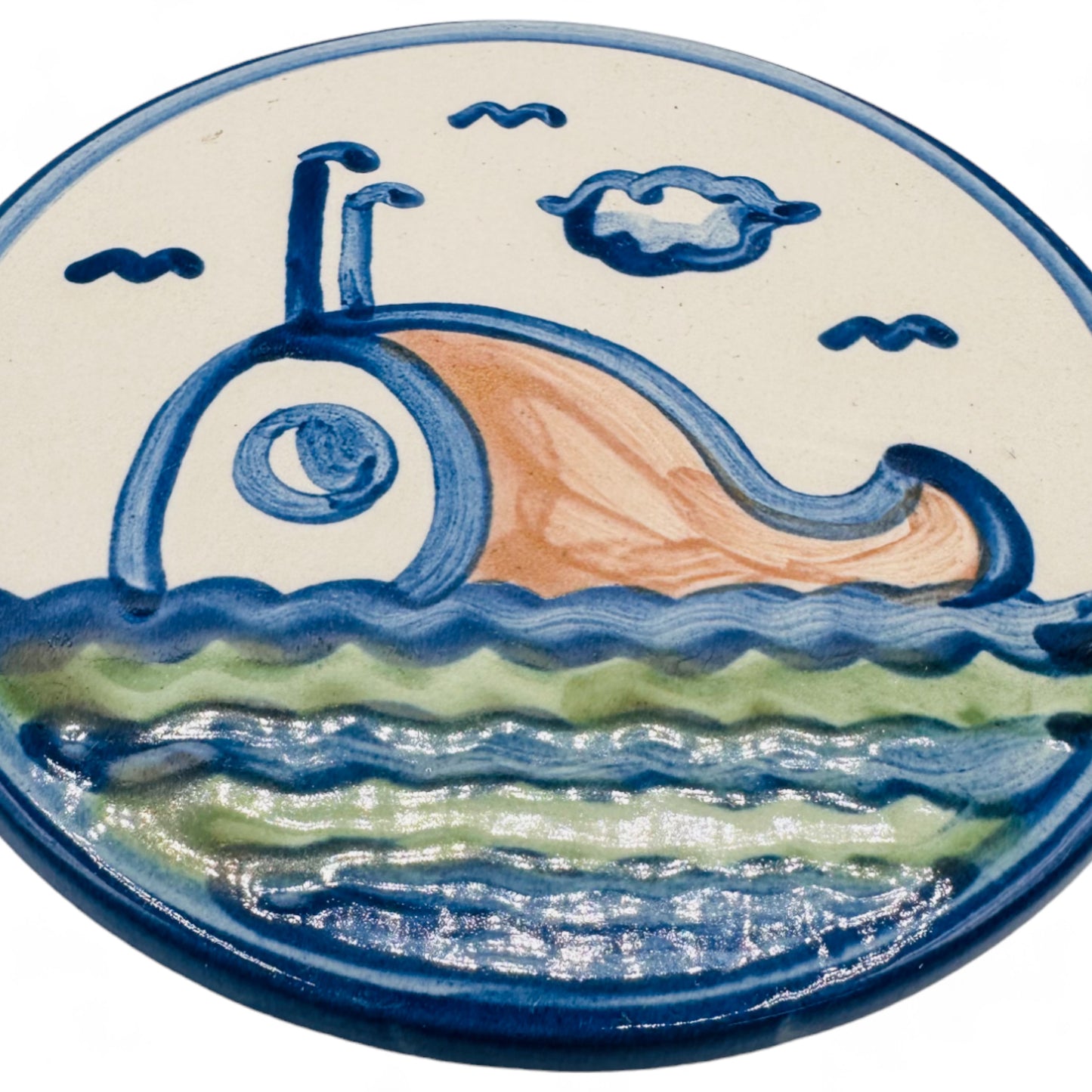 6.5" Hand-Painted Blue Whale Coaster Set - Nautical Stoneware Collection