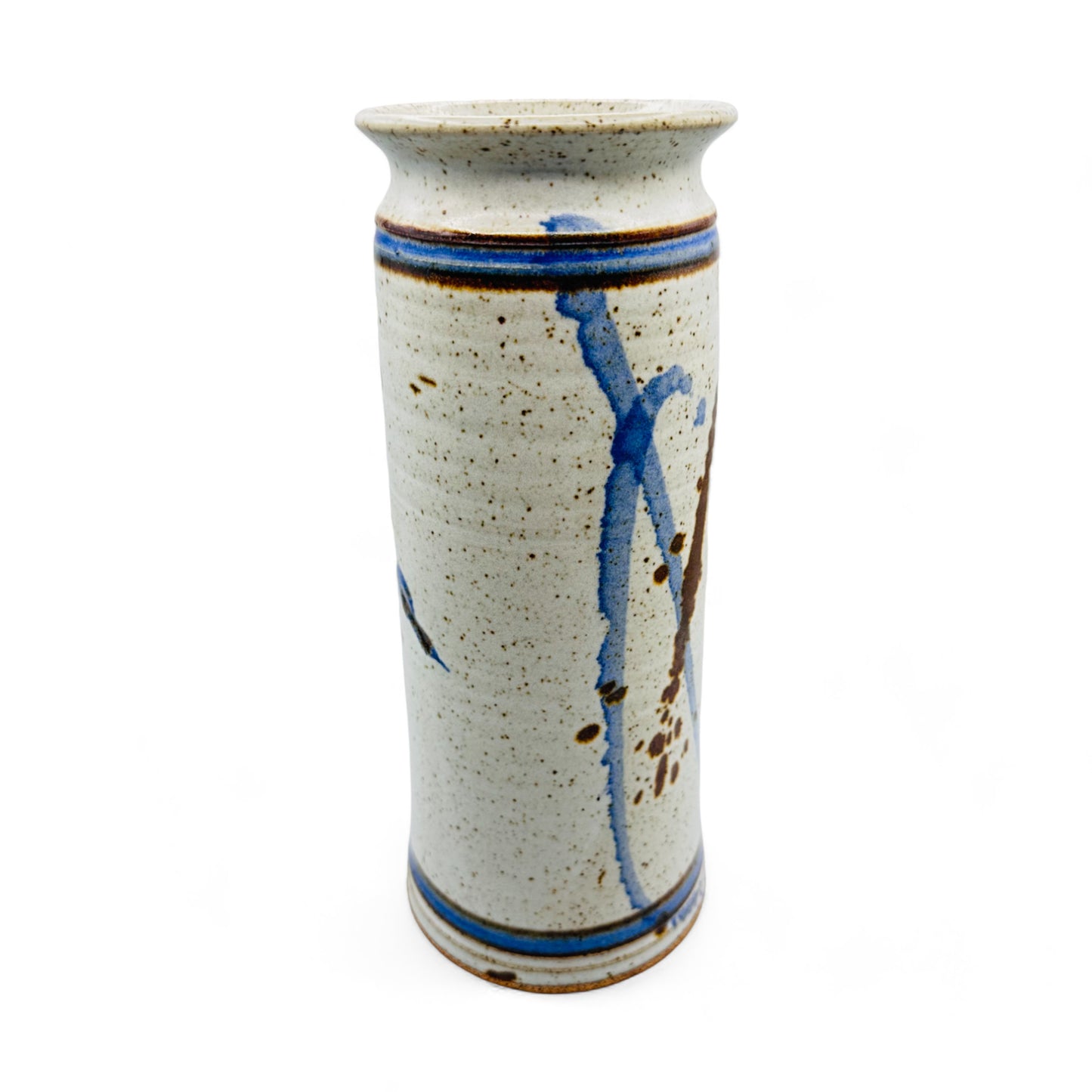 Speckled Glazed Handcrafted Pottery Vase with Blue and Brown Accents - 11" Height