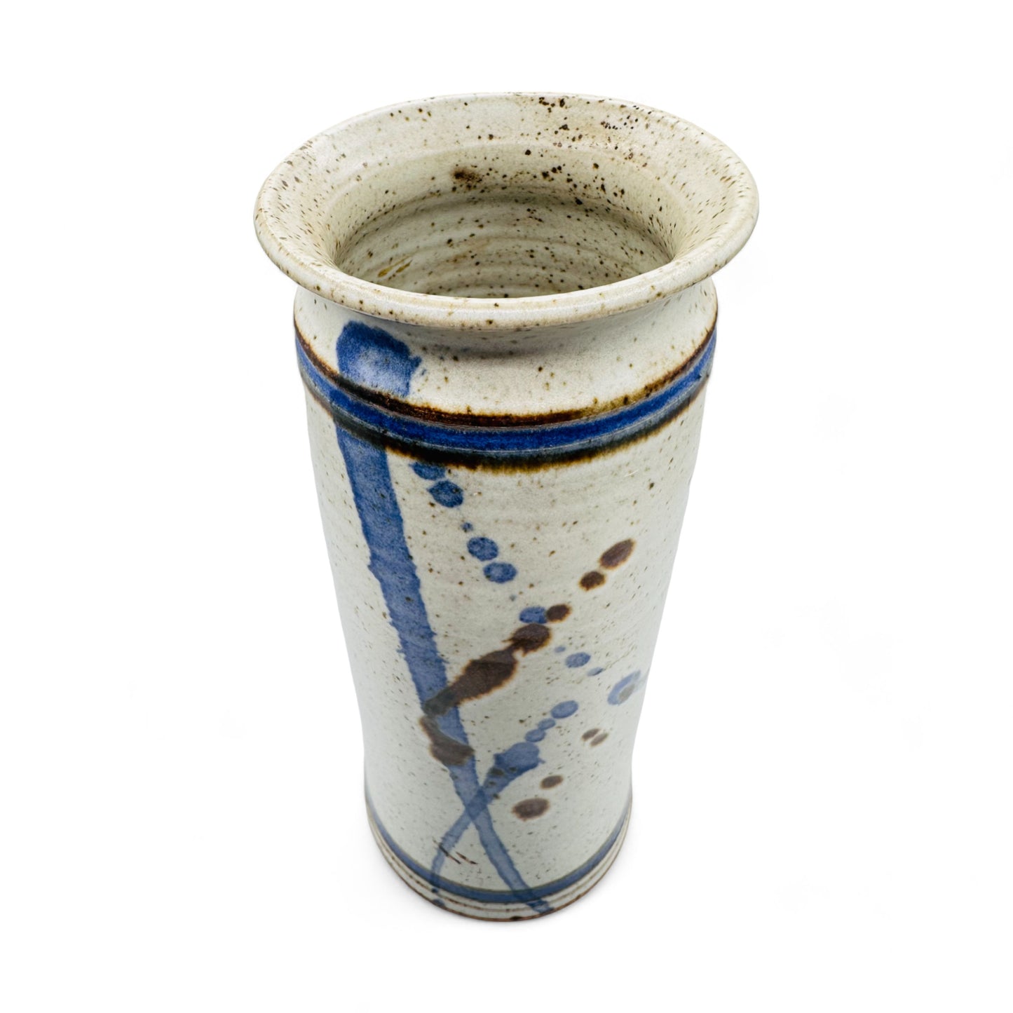 Speckled Glazed Handcrafted Pottery Vase with Blue and Brown Accents - 11" Height