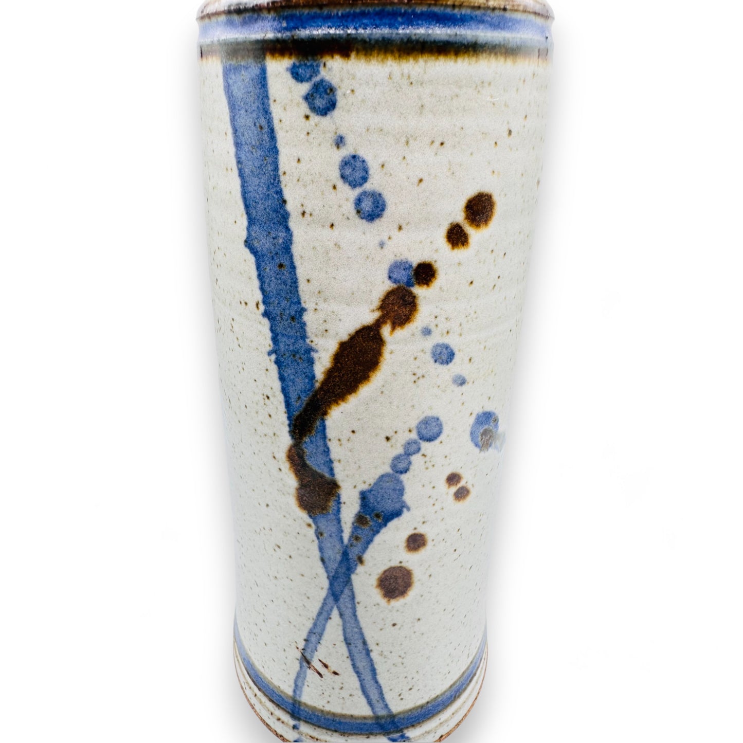 Speckled Glazed Handcrafted Pottery Vase with Blue and Brown Accents - 11" Height