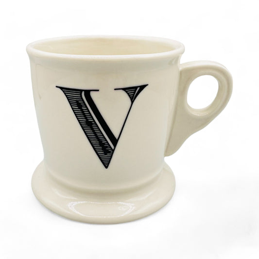 Anthropologie Monogram V Shaving Mug in White Mug with Black Text