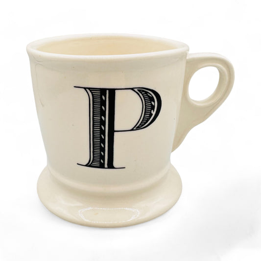 Anthropologie Monogram P Shaving Mug in White Mug with Black Text