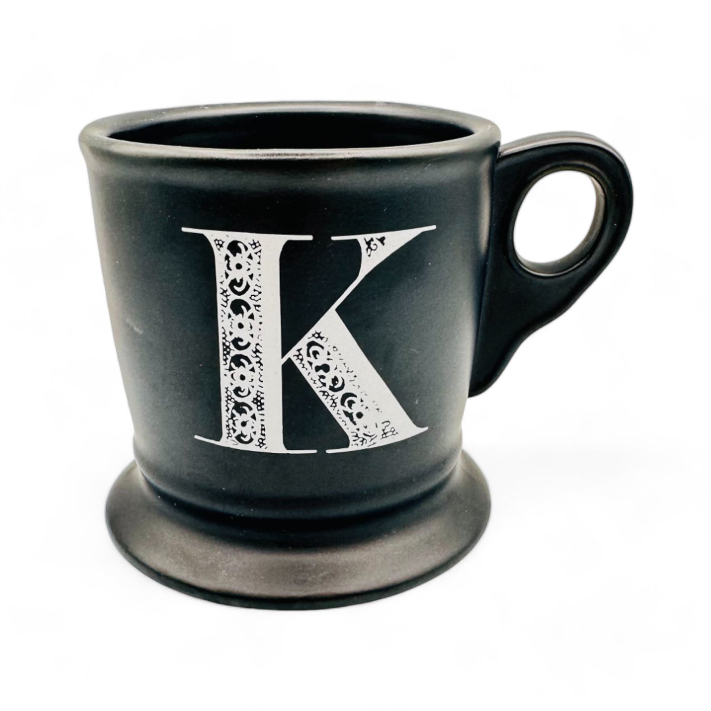 Anthropologie Monogram K Shaving Mug in Black Mug with White Text